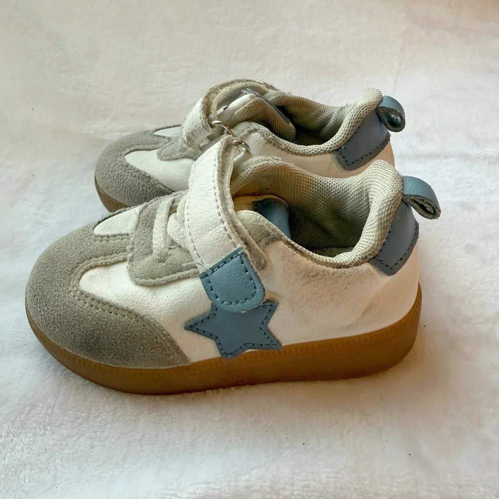 First Steps Toddler Sneakers Size 5 White Gray Blue Lightning Bolt Velcro